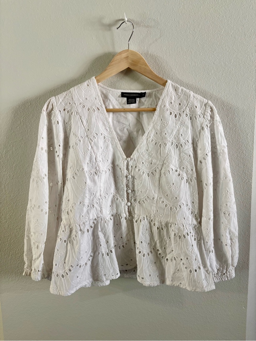 French Connection White Cotton Eyelet Peplum Blouse Medium